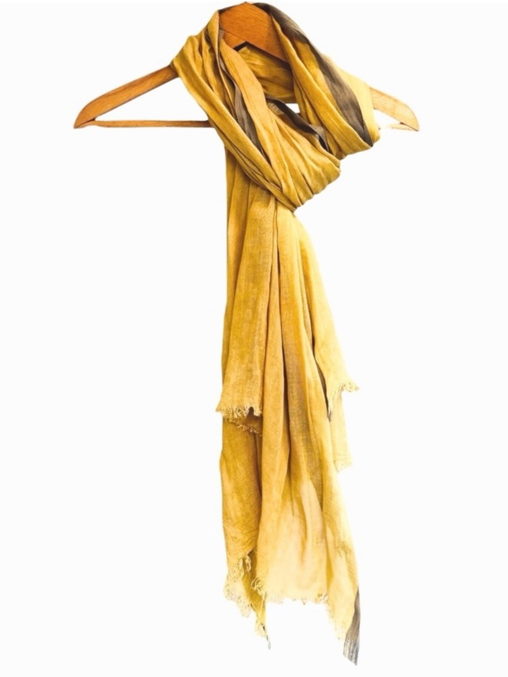 Oversized Mustard Gold Lightweight Wrap Scarf with Soft Gray Trim and Fringe